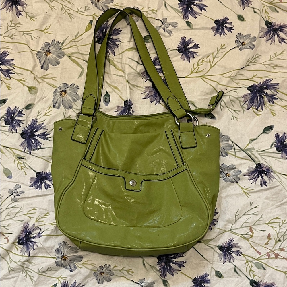 Olive Green Faux Leather Shoulder Bag - Y2K 2000s Shoulder Bag